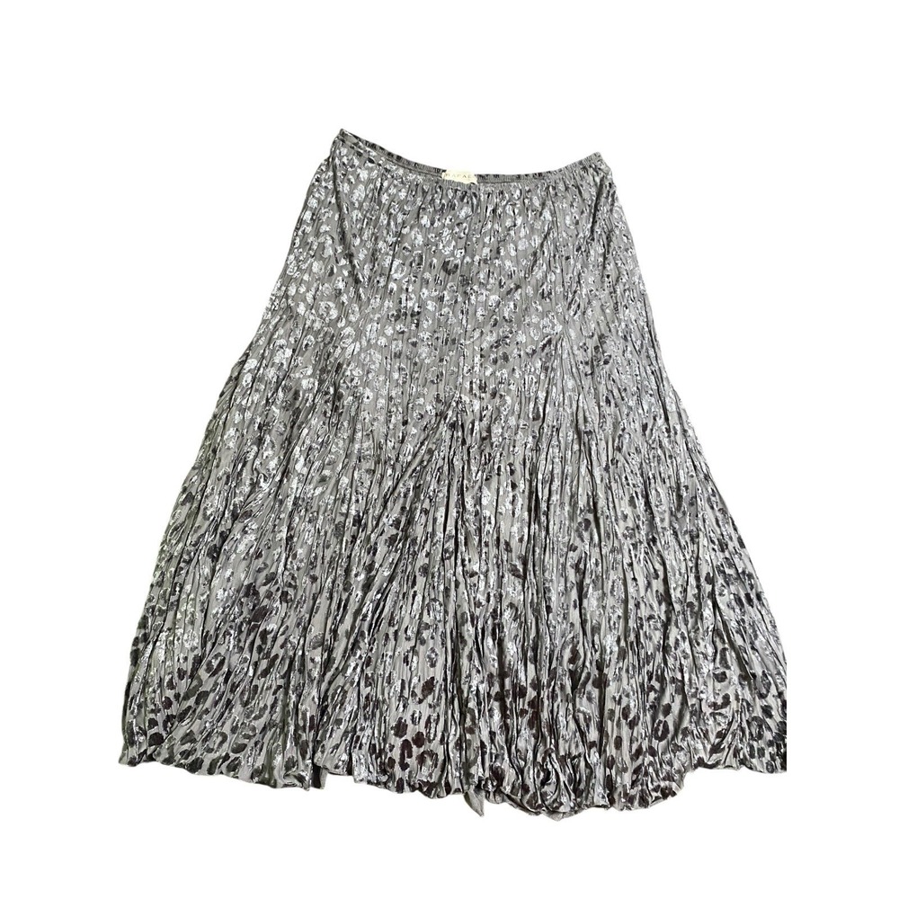 RAFAEL Pleated Maxi Skirt XL Gray Silver Metallic Leopard Animal Print Elastic